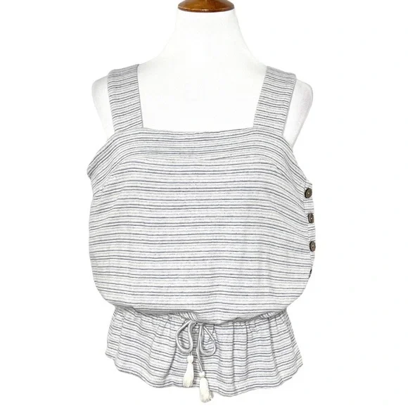 SOLD-Lucky Tassel Tie Waist Peplum Blue White Striped Sleeveless Knit Tank Top - Picture 2 of 10
